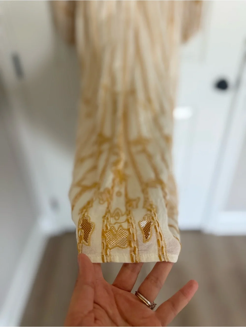 Anthropologie Embroidered Sweetheart Maxi Dress Ivory Gold Boho Balloon Sleeve S - Picture 9 of 14